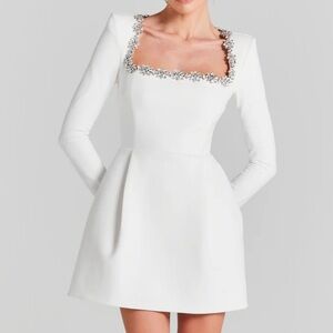 KIMBERLY WHITE DRESS MINI LONG SLEEVE JEWELED COLLAR NADINE MERABI